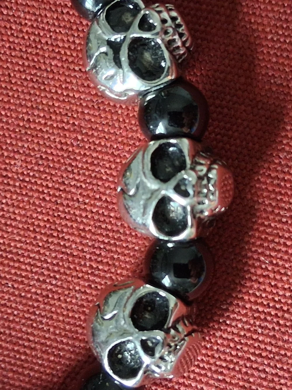 Gothic Unisex Onyx Beaded Bracelet Silver Skull Men's Signed HAN SS Biker